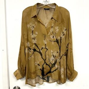 APNY gold print Blouse Womens Large cherry blossom semi sheer long sleeve